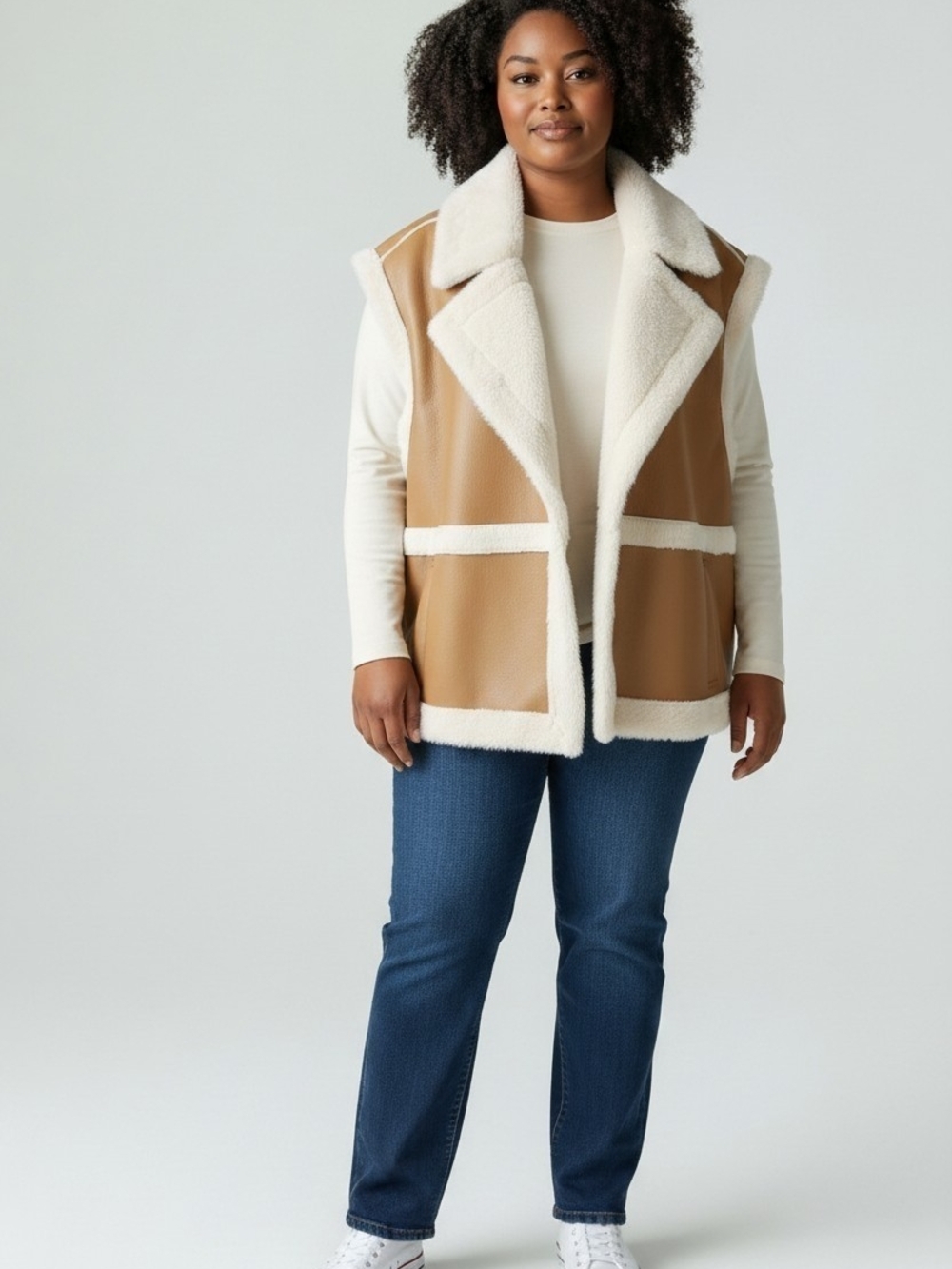 Avec Les Filles Plus Size 2X Chic Faux Leather Sherling Trimmed Camel Moto Vest